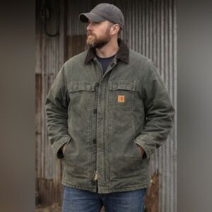 Carhartt Quilted Lined Duck Work Jacket 2XL Olive Green Corduroy Collar Heavywei